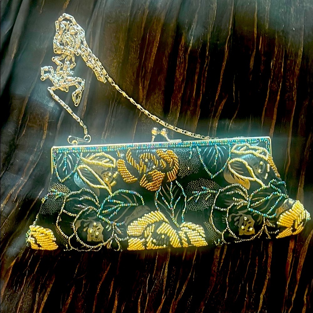 Gold and Black Floral Beaded Clutch